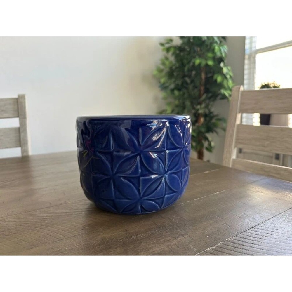 Royal Blue Glazed Pottery Planter Geometric Starburst Ceramic 7” Modern Decor